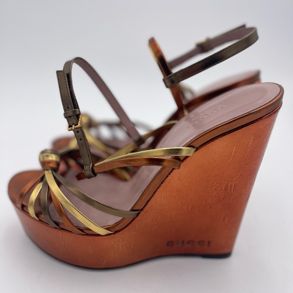 Gucci Metallic Gold & Bronze Strappy Wedge Sandals - Picture 4 of 9